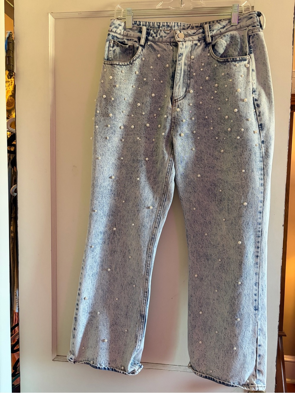 RareRaw Size Small Pearl Embellished Light Wash Wide Leg Jeans